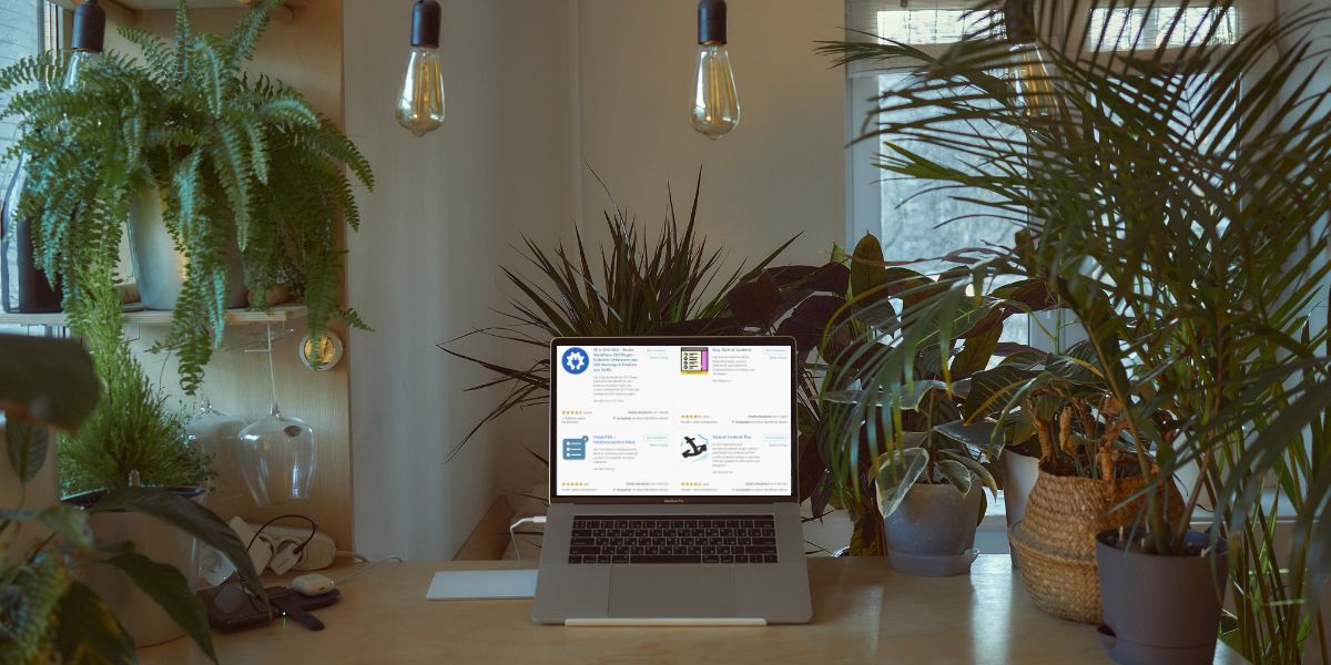 Plugins für WordPress Blogs, hier: Laptop mit Plugin-Liste, Schreibtisch aus Holz, viele grüne Zimmerpflanzen