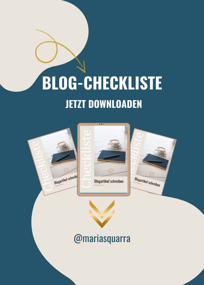 Aufforderung zum Download der Blogartikel-Checkliste mit drei Fotos des Covers und einem goldenen Doppelpfeil nach unten