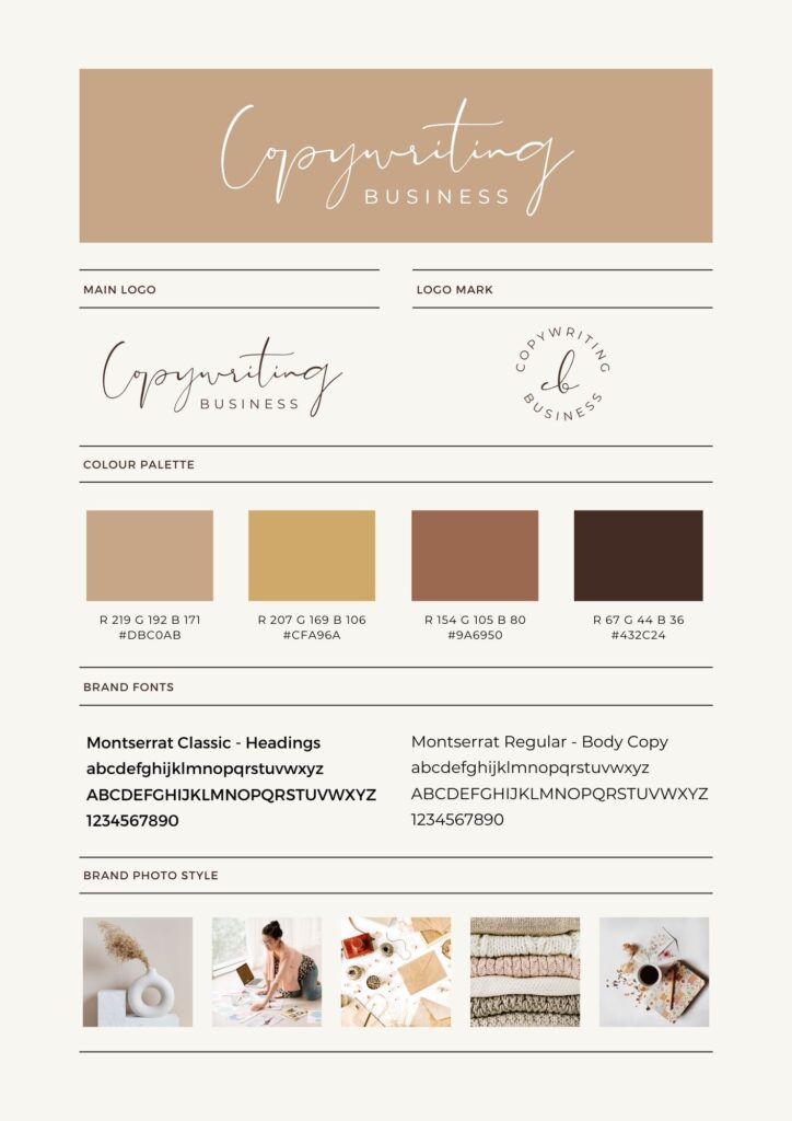 Style Guide in Beige- und Brauntönen, mit Brandfonts und Bilderreihe in passenden Farben