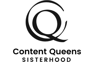 Wort-Bild-Logo der Content Queens Sisterhood in schwarz vor weißem Grund
