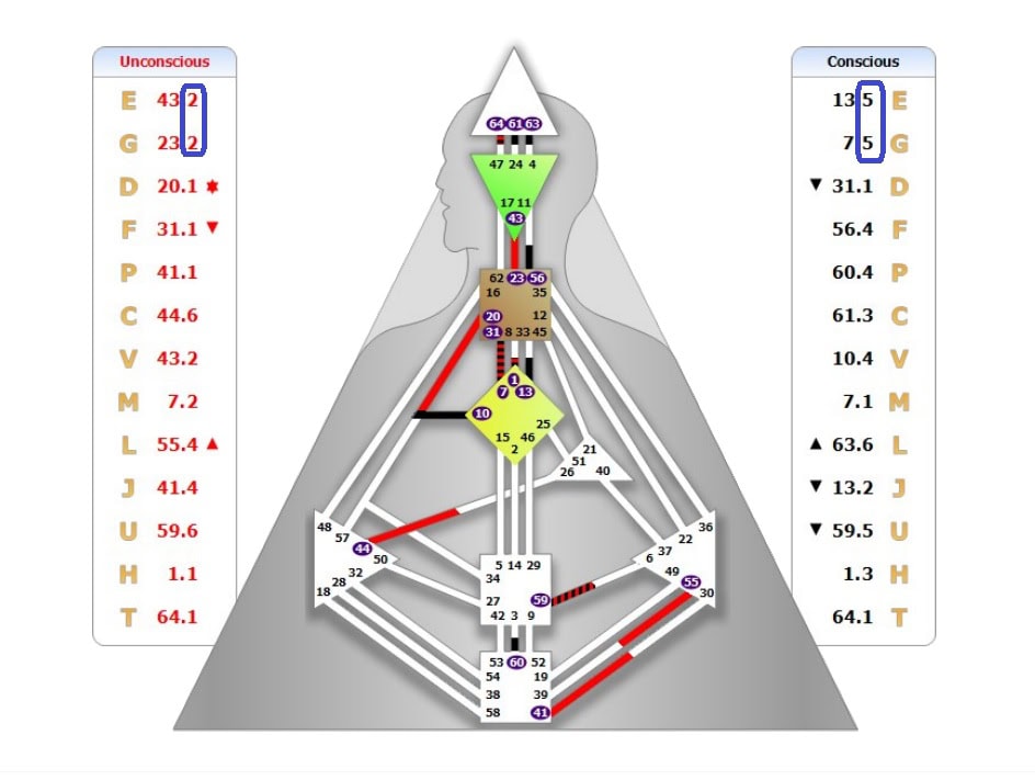 Human Design Chart von Maria mit Kennzeichnung der Profillinien oben in der Chart