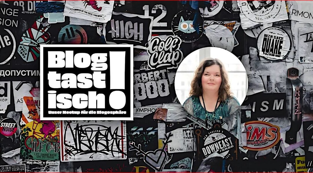 Blogtastisch SEO und GEO, hier Kollage von Schriften in schwarz und weiß im Hintergrund, rundes Profilfoto von Maria Squarra und das Blogtastisch-Logo