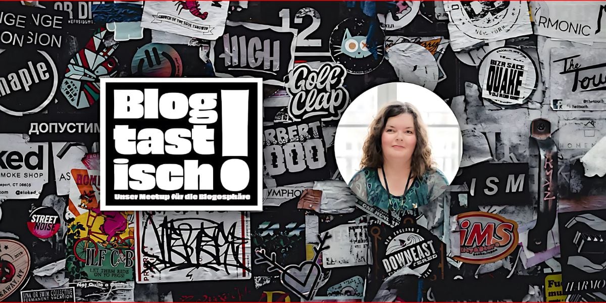 Blogtastisch SEO und GEO, hier Kollage von Schriften in schwarz und weiß im Hintergrund, rundes Profilfoto von Maria Squarra und das Blogtastisch-Logo