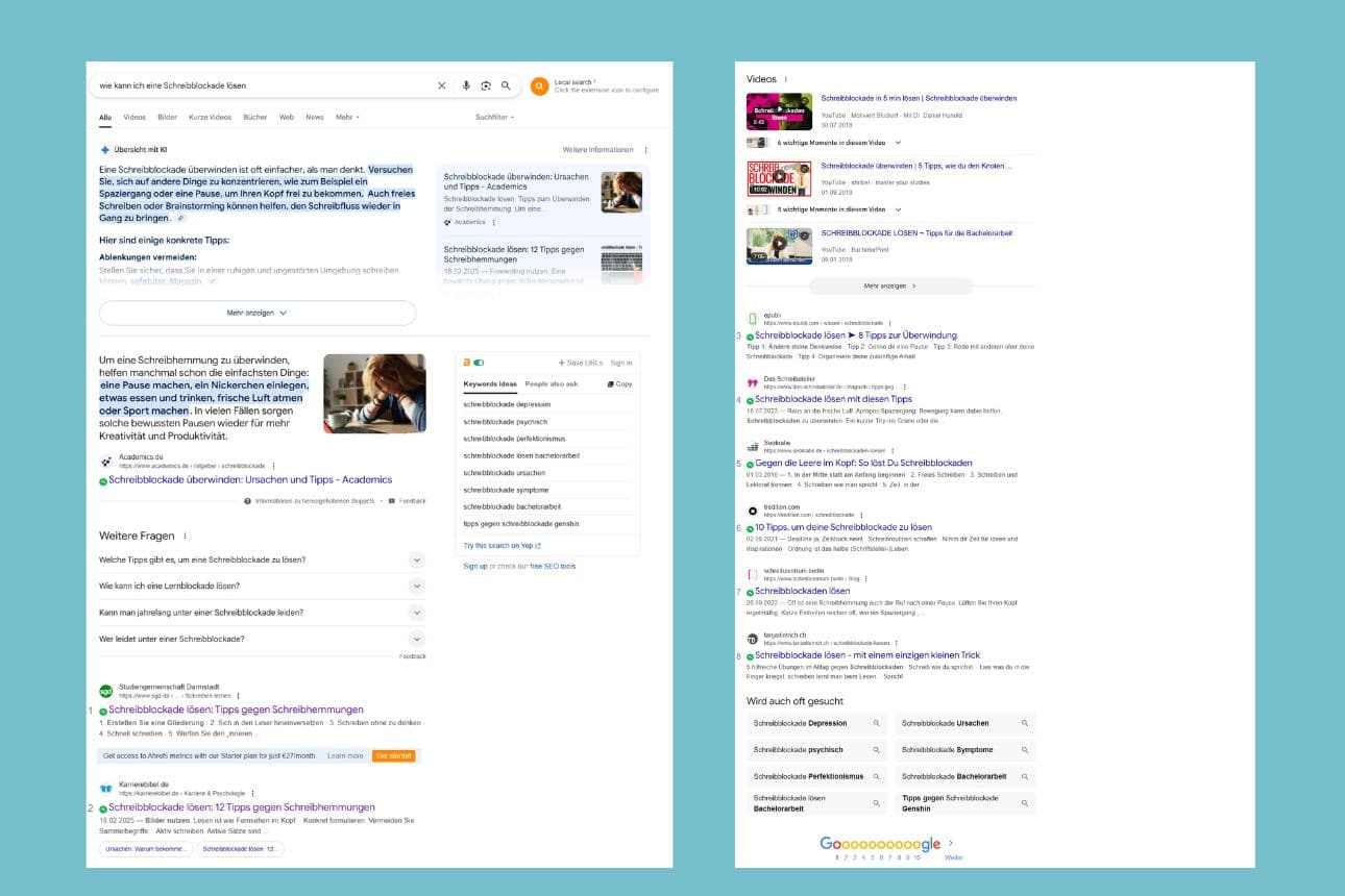 So wirst du mit Generative Engine Optimization in KI-Tools sichtbar 1 Google AI Overview, hier Screenshot eines Beispiels mit der Suchphrase: Wie kann ich eine Schreibblockade lösen? - links Teil 1, rechts die Fortsetzung.