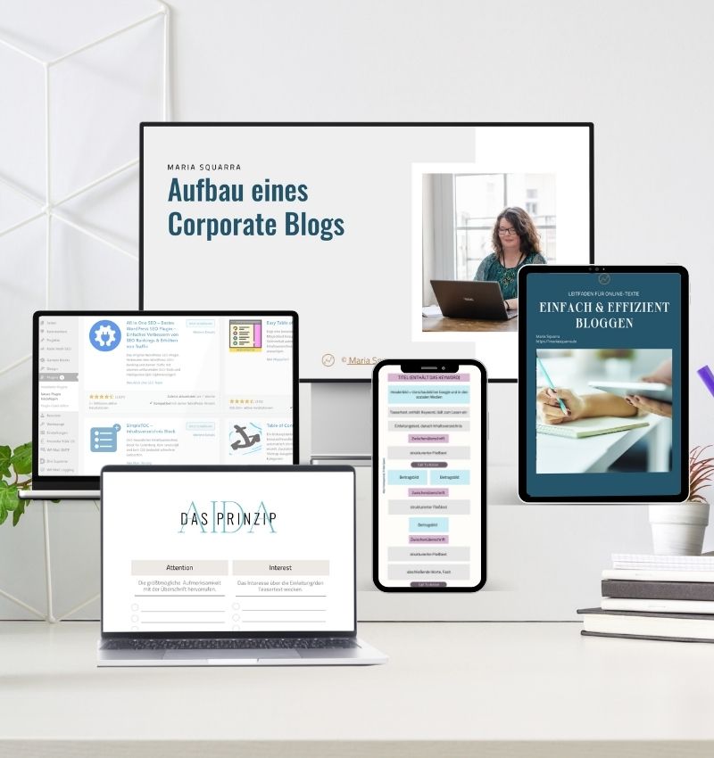 Übersicht der Begleitmaterialien des Blog-Workshops, hier als Mockups von Desktop, Tablet und Smartphone vor hellem Schreibtisch dargestellt