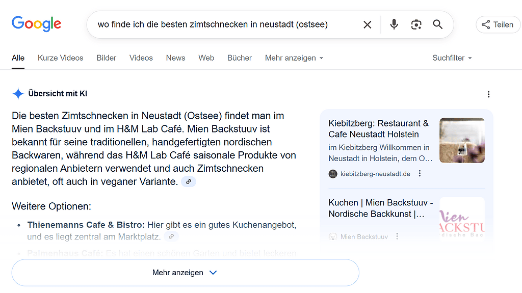 Bild 01: Suche nach einer Bäckerei in Neustadt über eine Frage (hier AI Overviews)